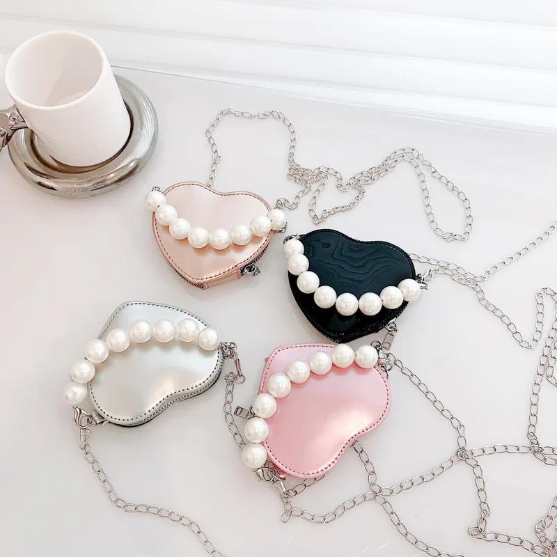 Women Creative Cute Pearl Decorative Heart Shape Solid Color PU Crossbody Bag