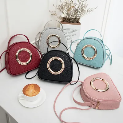 Women Vintage Zipper Design Ring Decorative Solid Color PU Crossbody Bag