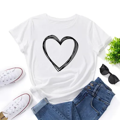 Women Casual Loose Love Plus Size Round Neck Short-sleeved Graphic Printed T-shirt