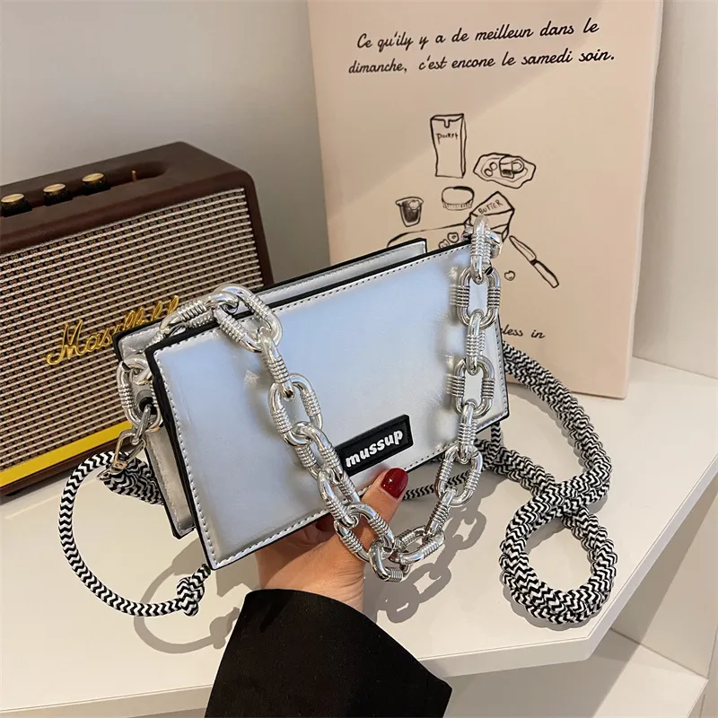 Women Fashion Creative Chain Decorative Square PU Crossbody Bag