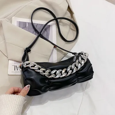Women Fashion Chain Decorative Zipper Design Solid Color PU Crossbody Bag