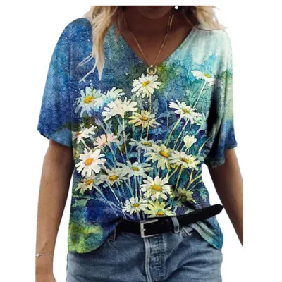 Women Casual Loose Plus Size Short-Sleeved V-Neck Tiny Flower Graphic Printed T-Shirt