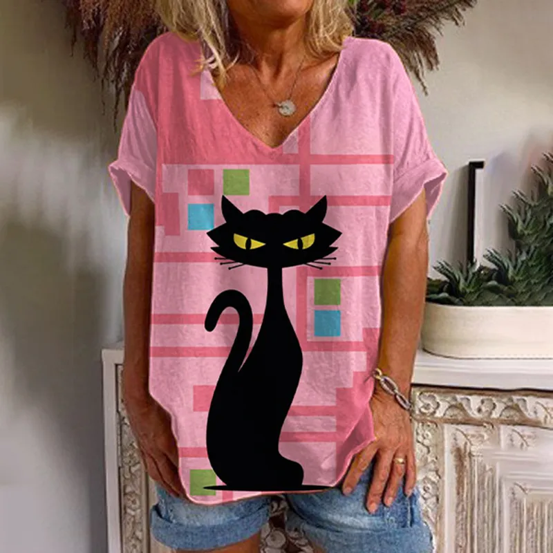 Women Casual Loose Plus Size Short-Sleeved V-Neck Graphic 3d Printed T-Shirt