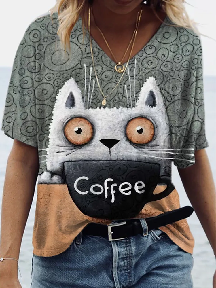 Women Casual Loose Plus Size V-Neck Short-Sleeved Graphic 3d Printed T-Shirt