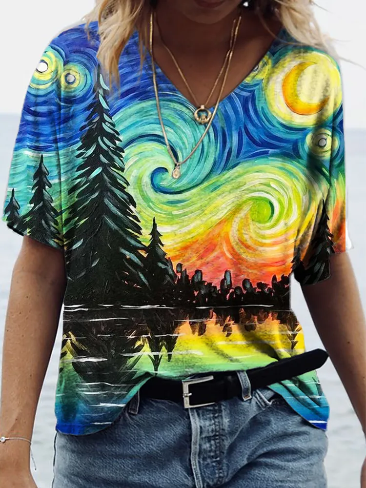 Women Casual Loose Plus Size V-Neck Short-Sleeved Flowers And Plants Graphic 3d Effect Printed T-Shirt