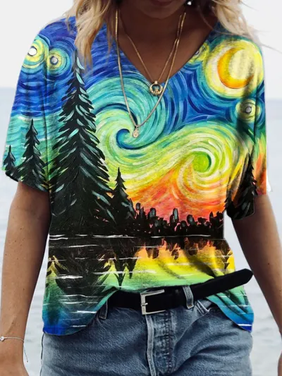 Women Casual Loose Plus Size V-Neck Short-Sleeved Flowers And Plants Graphic 3d Effect Printed T-Shirt
