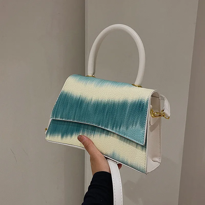 Women Fashion Flap Buckle Design Color Blocking PU Crossbody Bag