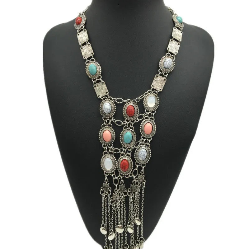 Women Fashion Retro Boho Multilayer Alloy Tassel Faux Turquoise Necklace