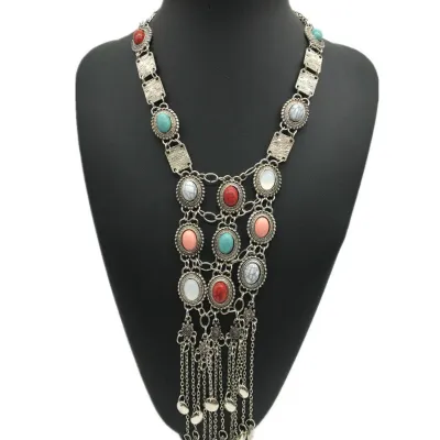 Women Fashion Retro Boho Multilayer Alloy Tassel Faux Turquoise Necklace