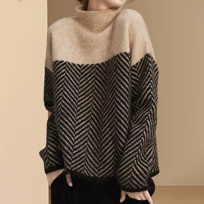 Women Casual Color Blocking Long Sleeve Turtle Neck Knit Lazy Loose Stripe Sweater