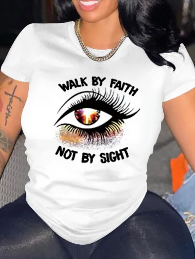 Women Casual Loose Plus Size Round Neck Short-Sleeved Eye Graphic Printed Cotton T-Shirt
