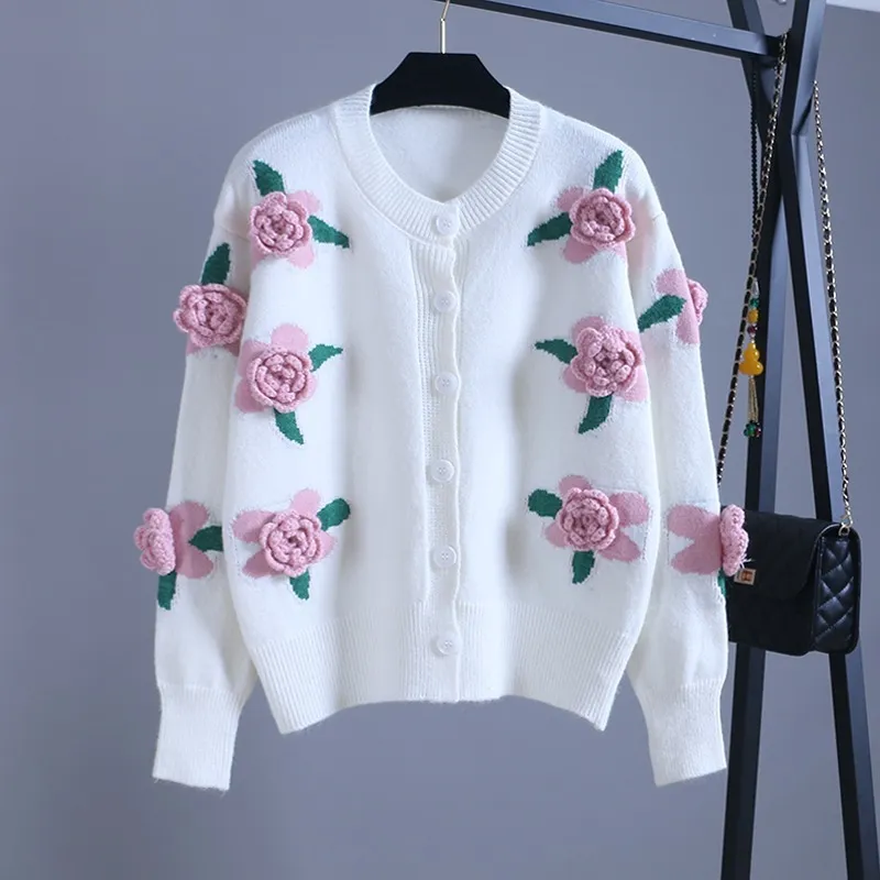 Women Sweet Casual Autumn Round Neck Long Sleeves Embroidery Floral Knitted Cardigan