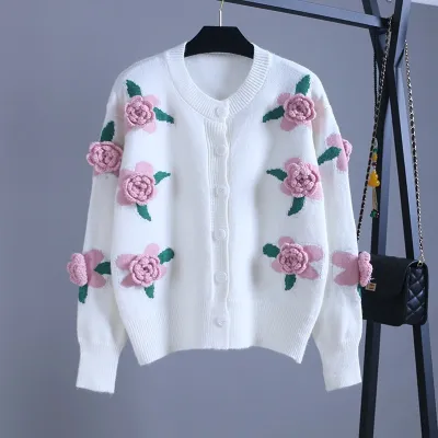 Women Sweet Casual Autumn Round Neck Long Sleeves Embroidery Floral Knitted Cardigan
