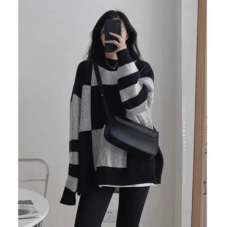 Women Casual Lazy Loose Color Blocking Plaid Color Sweater
