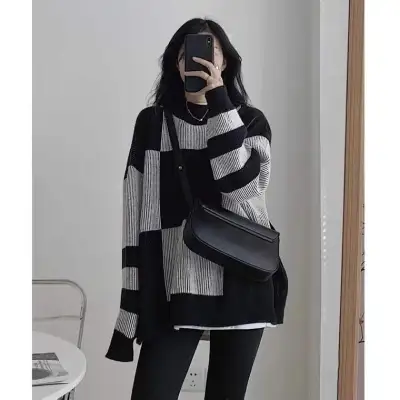 Women Casual Lazy Loose Color Blocking Plaid Color Sweater