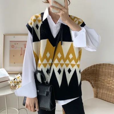 Women Casual V-Neck Color Blocking Plaid Loose Knitted Vest