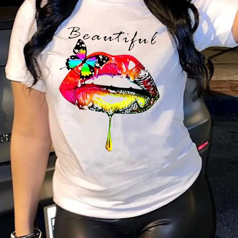 Women Casual Loose Plus Size Round Neck Short-Sleeved Colorful Heart Graphics Printed Cotton T-Shirt