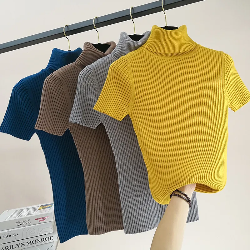 Wholesale Women Autumn And Winter Solid Color Tight Pullover Short Sleeve Sweater