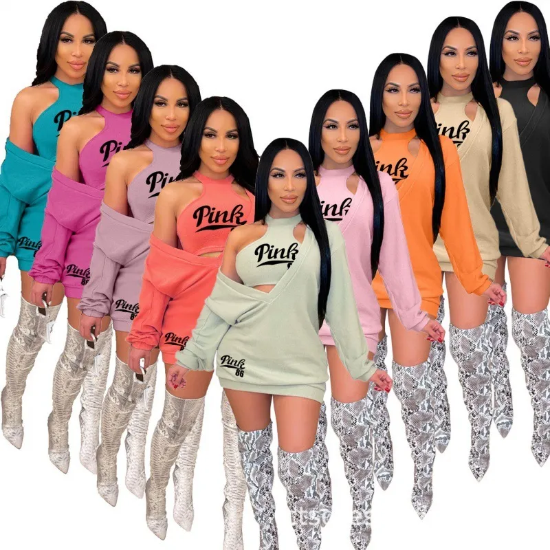 Women Sexy V-Neck Sweatshirt Dress And Cropped Tank Top Two-Piece Set
