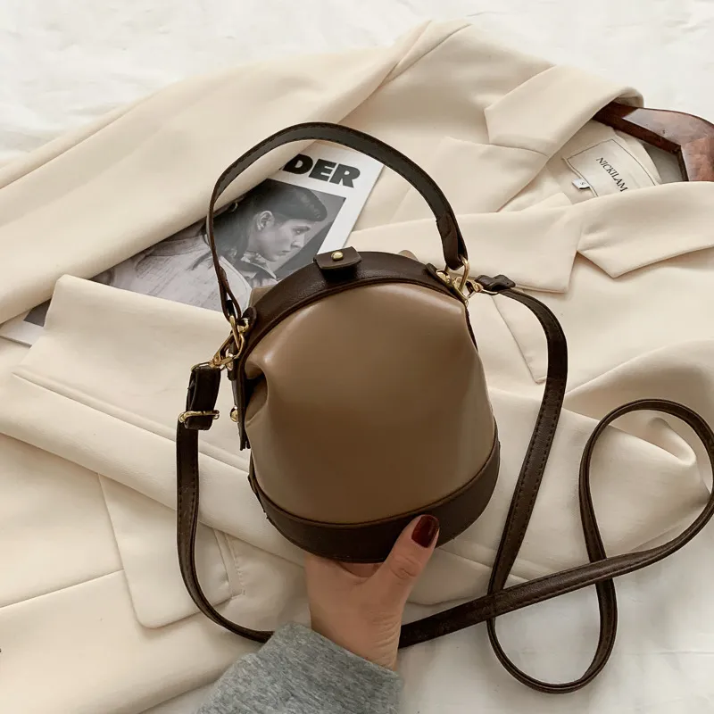 Women Vintage Casual Buckle Design Color Blocking PU Crossbody Bag