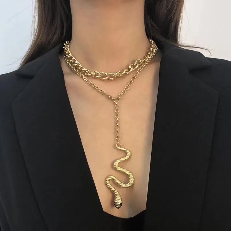 Women Fashion Exaggerated Punk Alloy Snake Pendant Multilayer Necklace