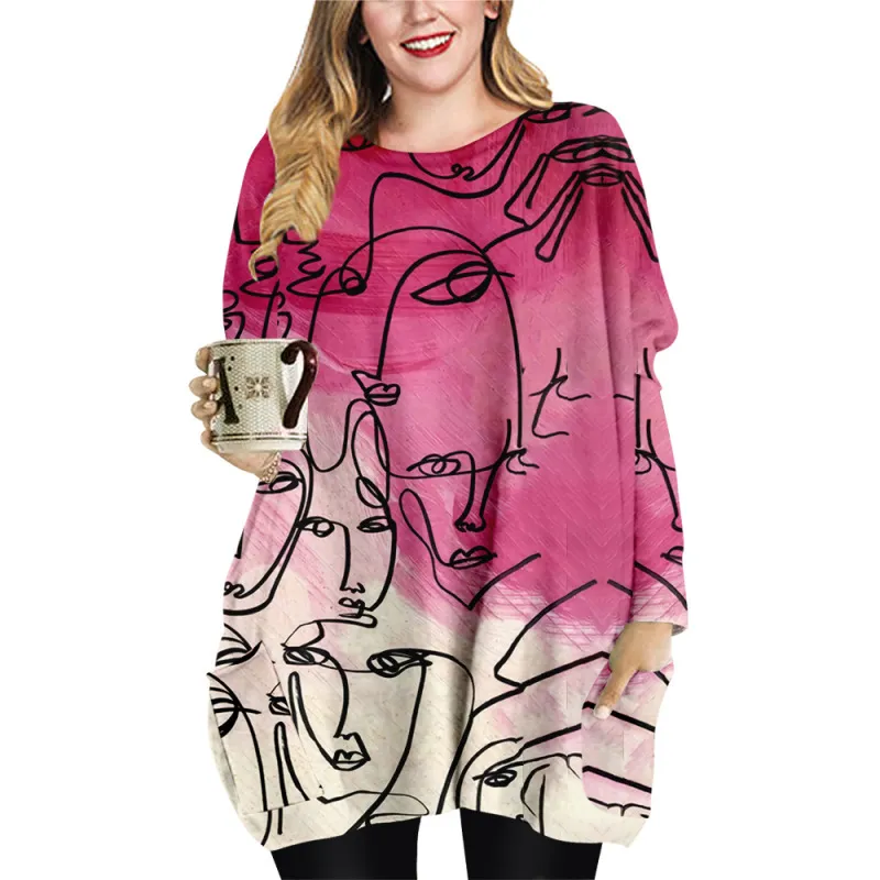 Plus Size Women Casual Long Sleeves Character Printed Round Neck Casual Loose Dress