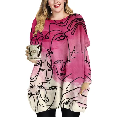 Plus Size Women Casual Long Sleeves Character Printed Round Neck Casual Loose Dress