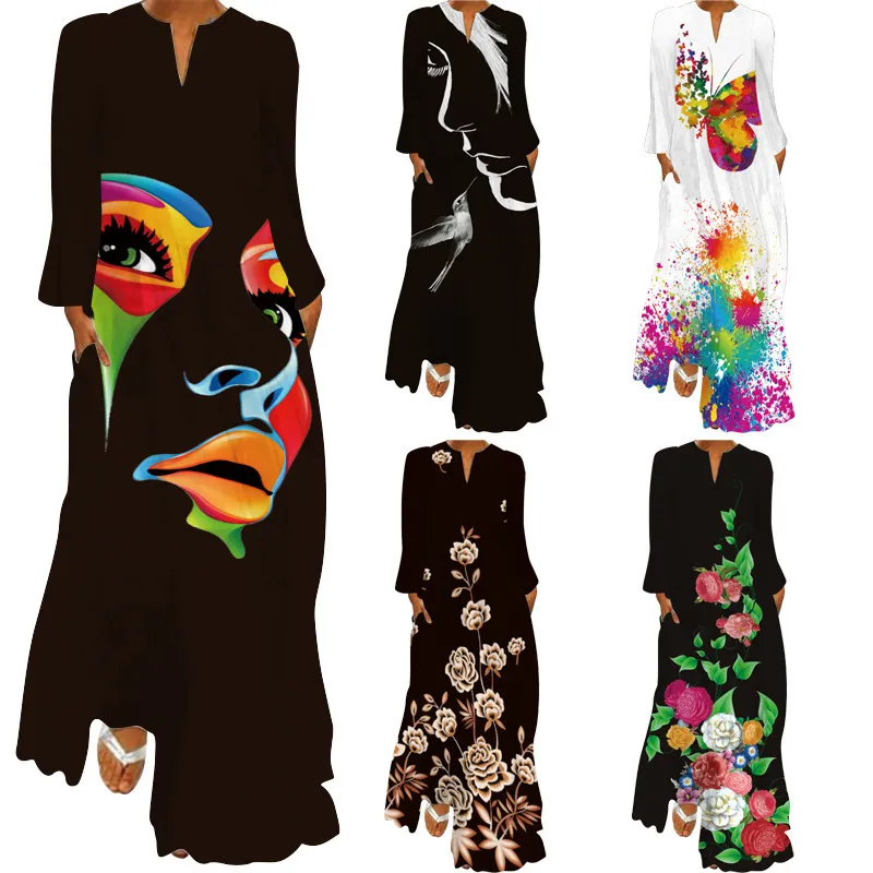 Women Elegant Vintage Long V Neck Long Sleeve Pocket Summer Dress