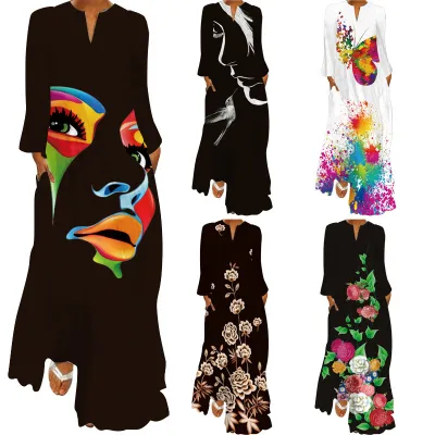 Women Elegant Vintage Long V Neck Long Sleeve Pocket Summer Dress