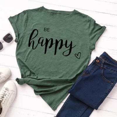 Women Casual Loose Plus Size Round Neck Short-sleeved Letter Printed T-shirt