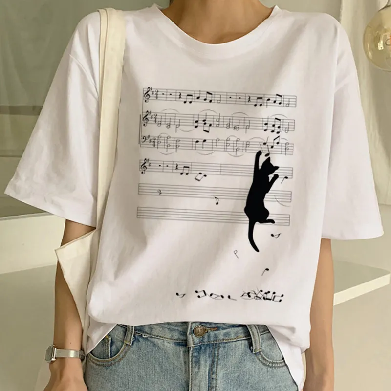 Women Casual Loose Plus Size Round Neck Short-Sleeved Sheet Music Cat Graphic Printed T-Shirt