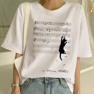 Women Casual Loose Plus Size Round Neck Short-Sleeved Sheet Music Cat Graphic Printed T-Shirt