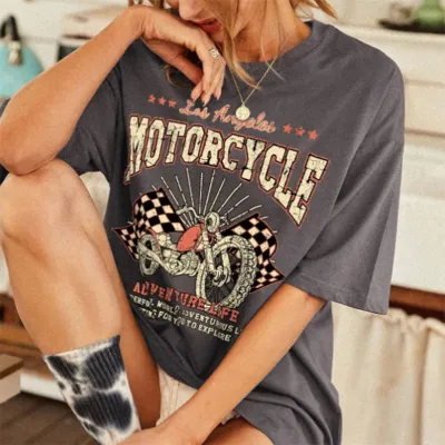 Women Casual Loose Plus Size Round Neck Short-Sleeved Vintage Biker Graphic Printed T-Shirt