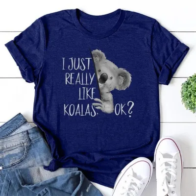 Women Casual Loose Plus Size Round Neck Short-Sleeved Fun Koala Graphic Printed T-Shirt