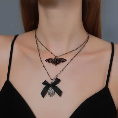 Women Fashion Retro Halloween Bow Bat Skull Pendant Necklace