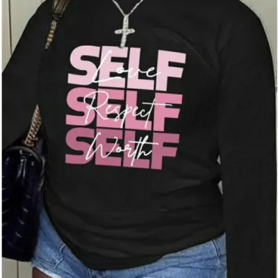 Women Casual Long Sleeve Round Neck Graphic Letter Printed T-shirt