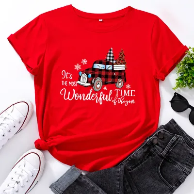 Christmas Women Casual Loose Plus Size Round Neck Short-sleeved Graphic Letter Printed T-shirt
