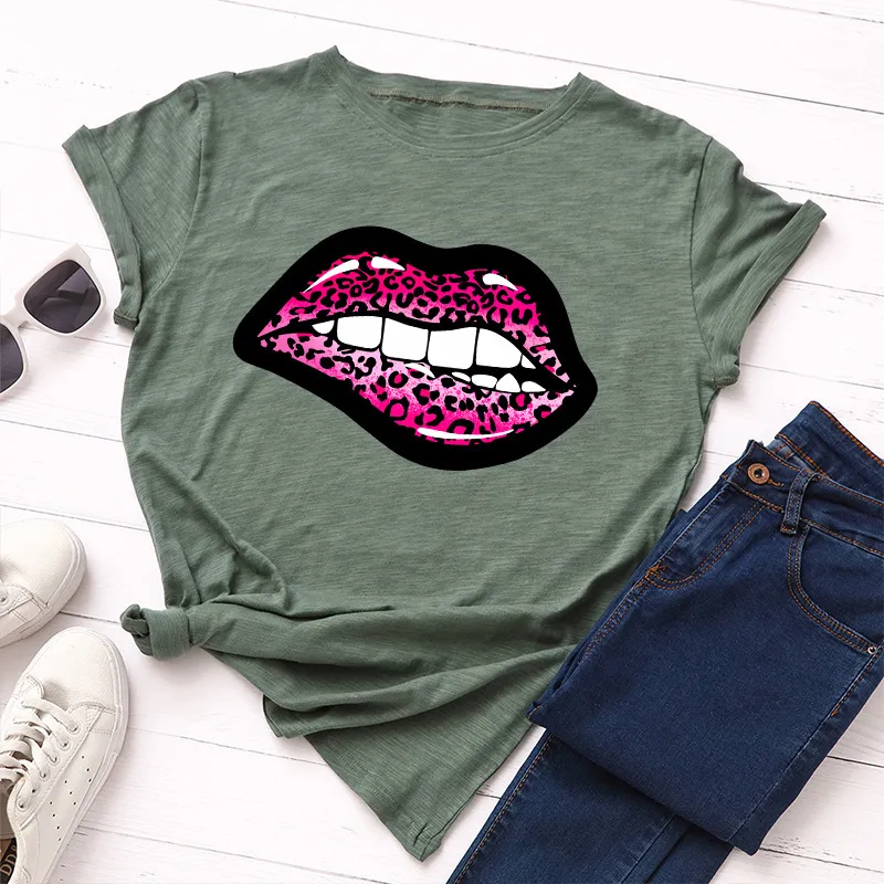 Women Casual Loose Plus Size Round Neck Leopard Short-sleeved Graphic Printed Colored T-shirt