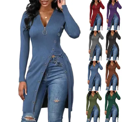 Women Basic Solid Color V-Neck Long-Sleeved Sideslit Half Zipper Top