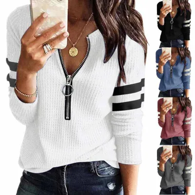 Women Basic Half Zipper V-neck Patchwork Long-sleeved Top