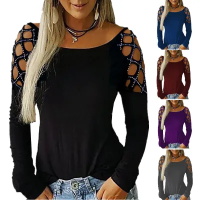 Women Basic Elegant Round Neck Rhinestone Hollow Out Cool Shoulder Long-Sleeved T-Shirt