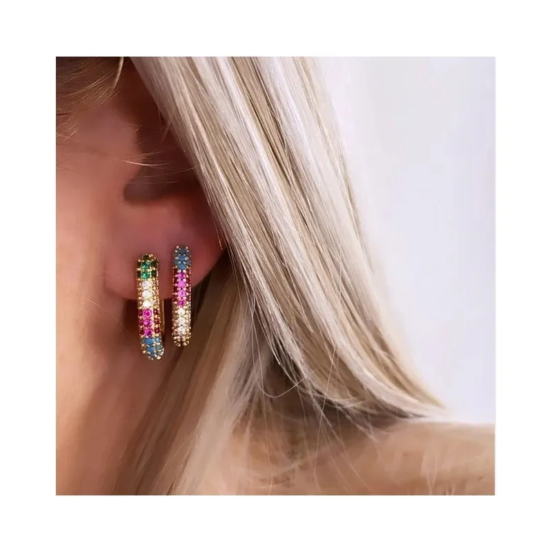 Women Fashion Gold Silver Small Hoop Crystal Rainbow Earrings