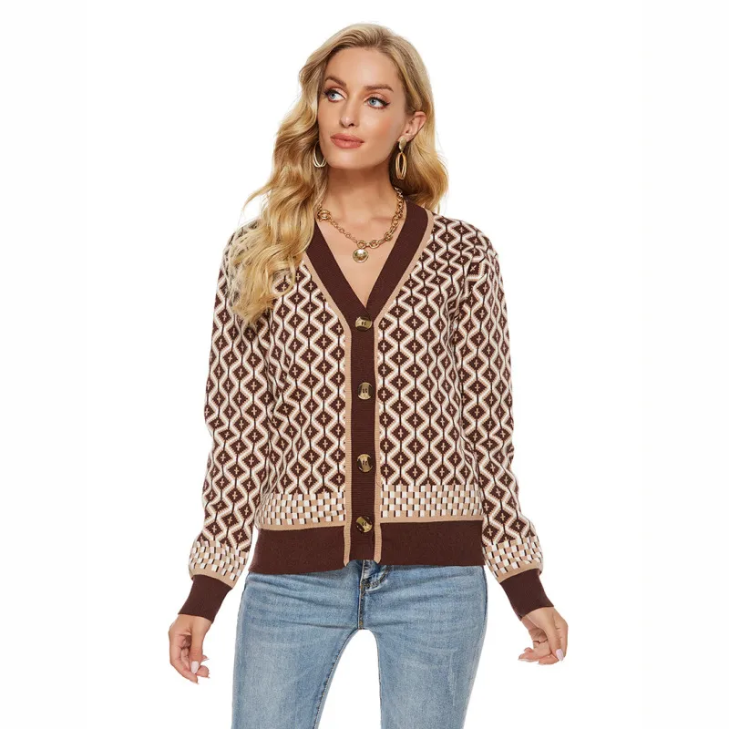 Women Casual Plaid Color Blocking Embroidered Jacquard V-Neck Knitted Cardigan