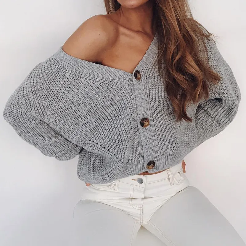 Women Casual Solid Color Long Sleeves V Neck Knitted Cardigan Autumn Sweater Coat