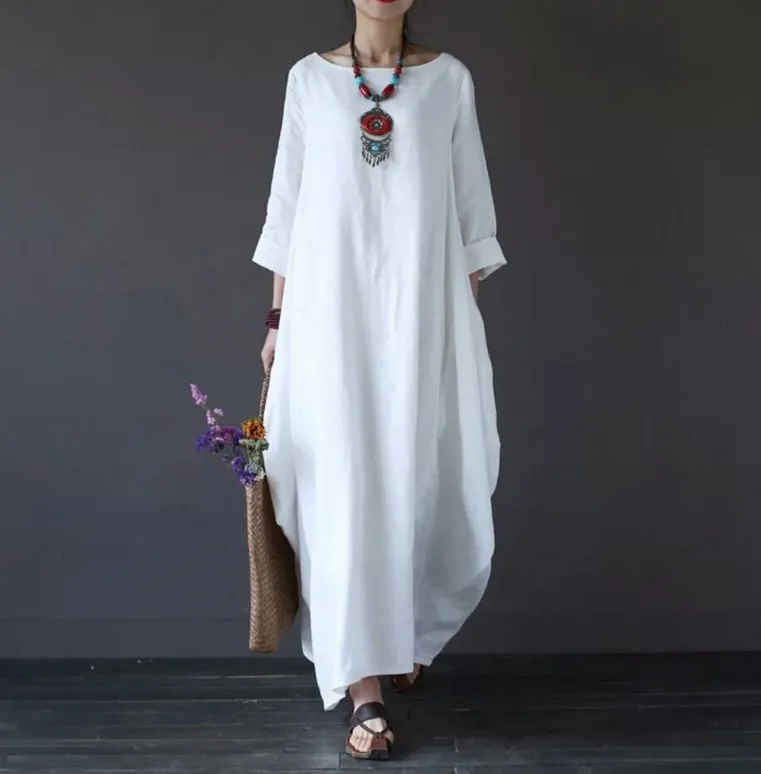 Women Basic Elegant Loose Plus Size Solid Color Maxi Long Sleeve Dress