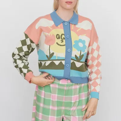 Women Casual Winter Cartoon Color Blocking Single-breasted Lapel Knitted Sweater Cardigan