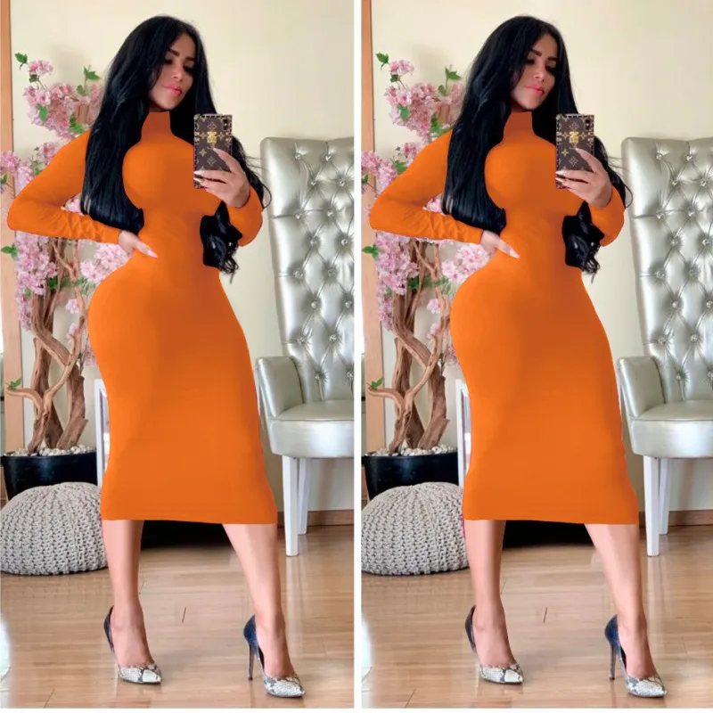 Women Elegant Orange Basic Solid Color Long Sleeves Bodycon Turtle Neck Dress