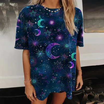 Women Fashion Star And Moon Printed Round Neck Short Sleeve Loose T-Shirt