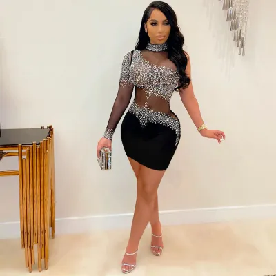 Women Elegant Night Out Mesh Patchwork See-through Rhinestone One Shoulder Turtle Neck Long Sleeve Dress