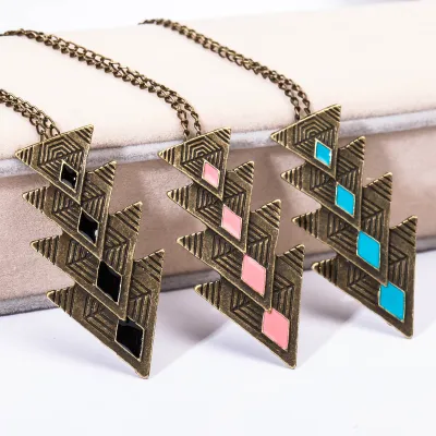 Women Fashion Exaggerated Triangle Alloy Oil Drip Pendant Long Necklace